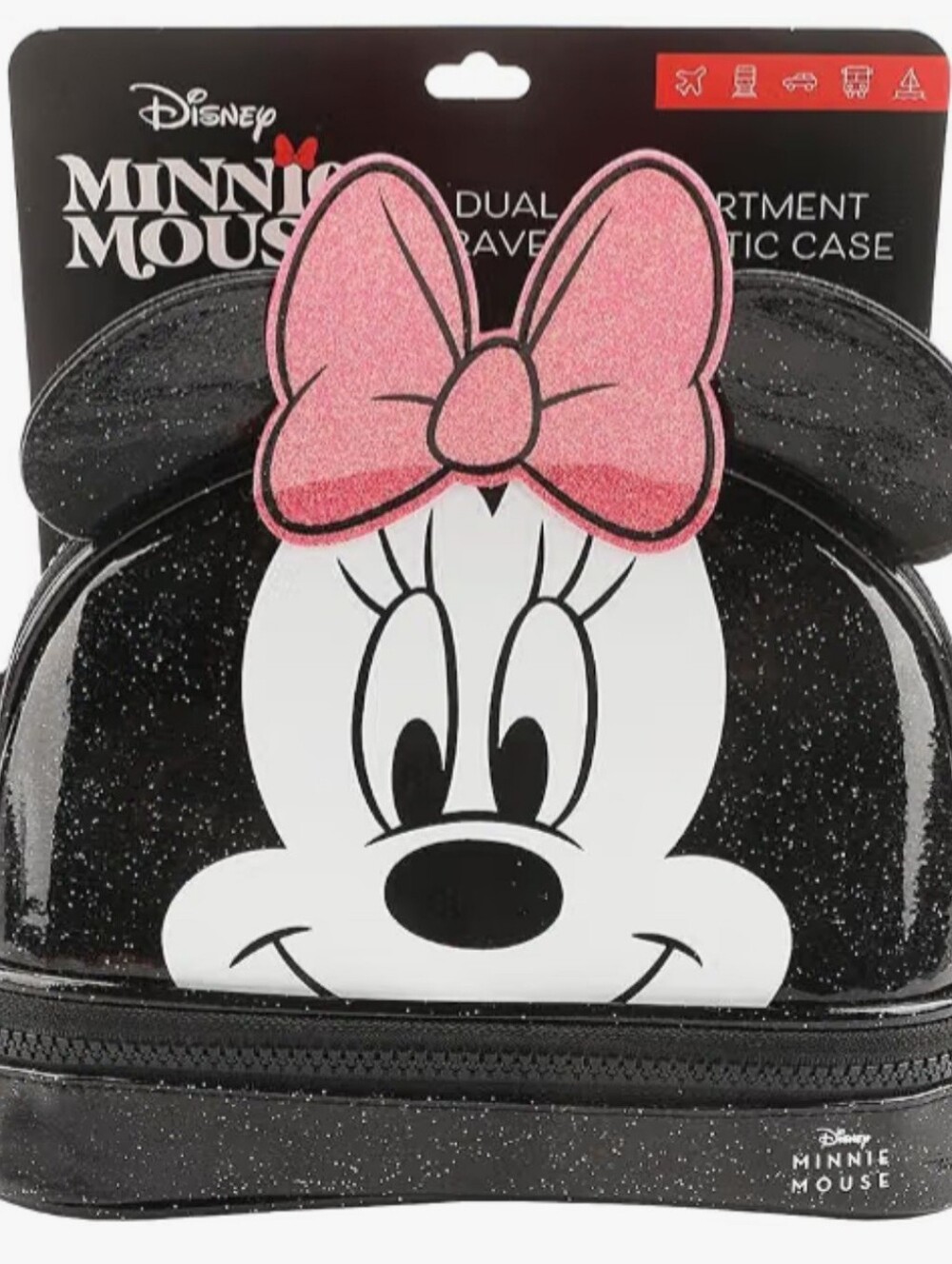 Disney Minnie Mouse Black Glitter Cosmetic Bag 6” 3D Ears Bioworld NEW
